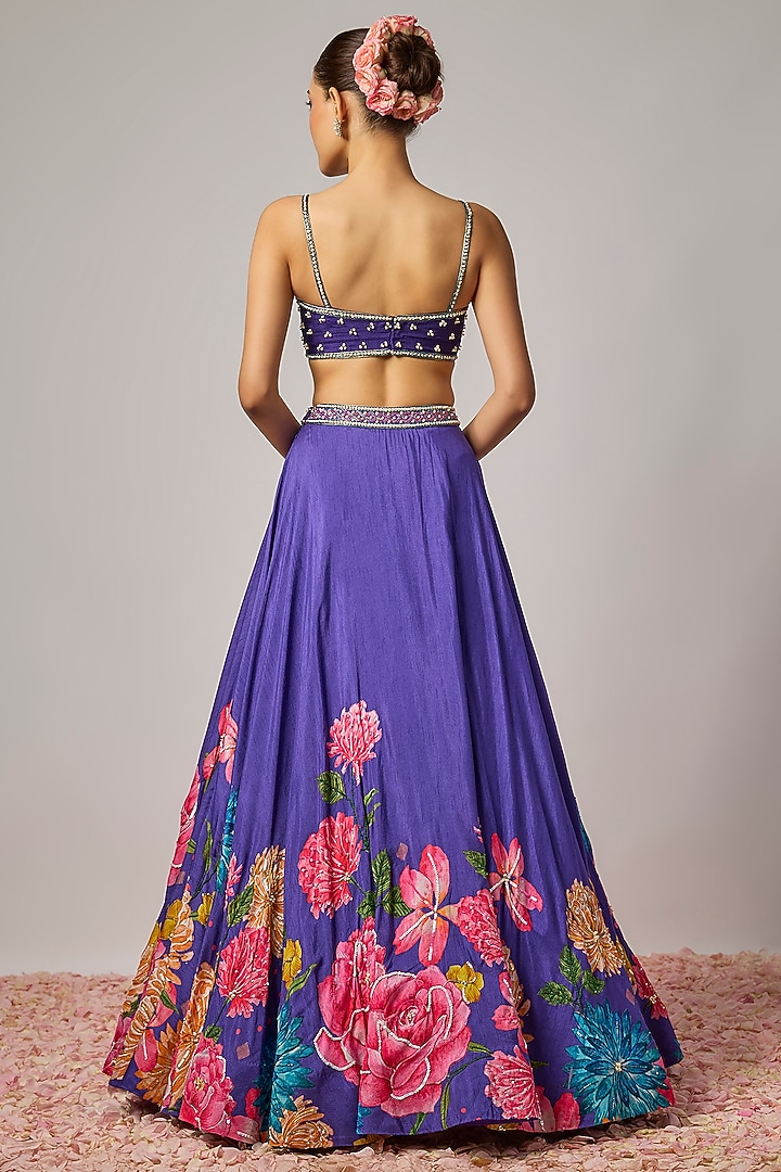 Deep Purple Dola Silk Floral Motif Embroidered Wedding Lehenga Set by Krishna Padia at Pernia's Pop Up Shop