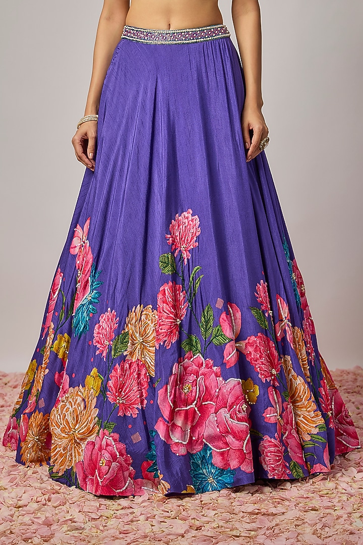 Deep Purple Dola Silk Floral Motif Embroidered Wedding Lehenga Set by Krishna Padia at Pernia's Pop Up Shop