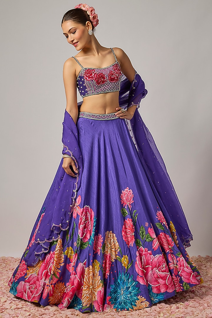 Deep Purple Dola Silk Floral Motif Embroidered Wedding Lehenga Set by Krishna Padia at Pernia's Pop Up Shop