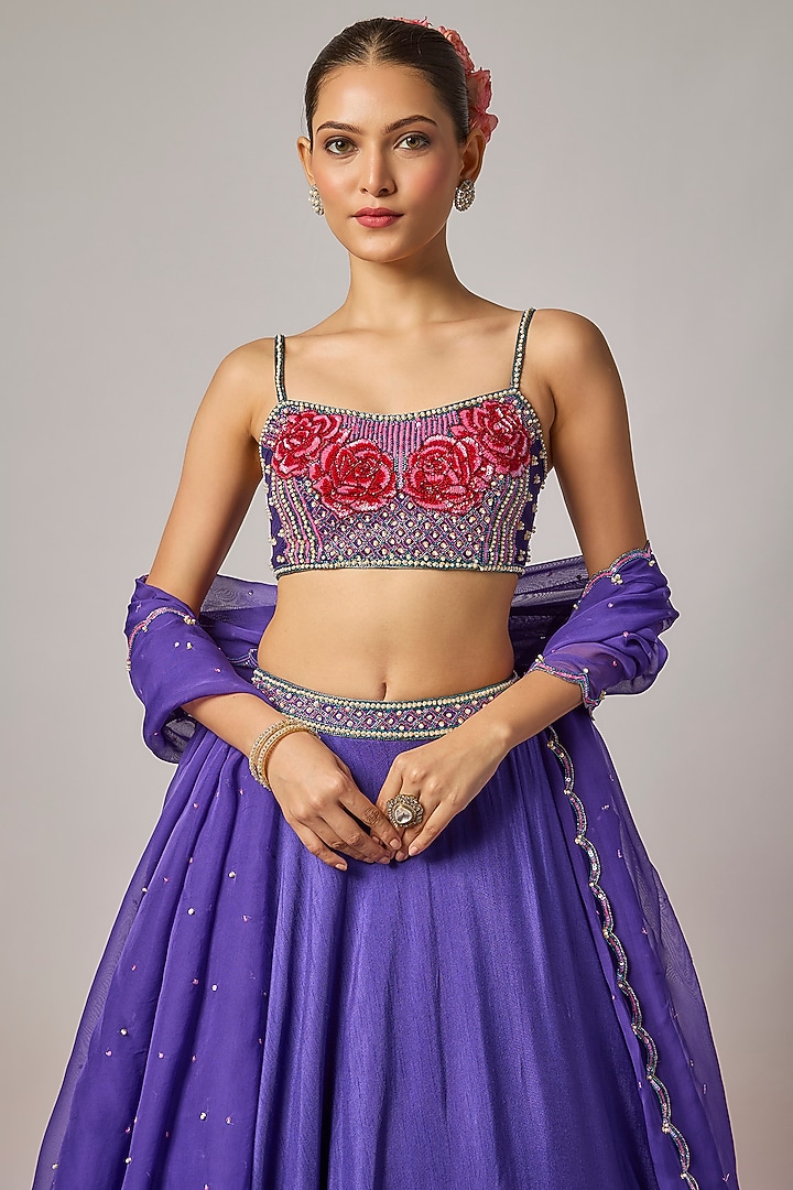 Deep Purple Dola Silk Floral Motif Embroidered Wedding Lehenga Set by Krishna Padia at Pernia's Pop Up Shop