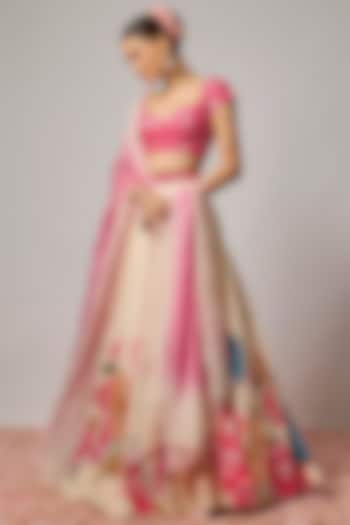 Deep Rose Pink Silk 3D Floral Motif Embroidered Blouse by Krishna Padia at Pernia's Pop Up Shop