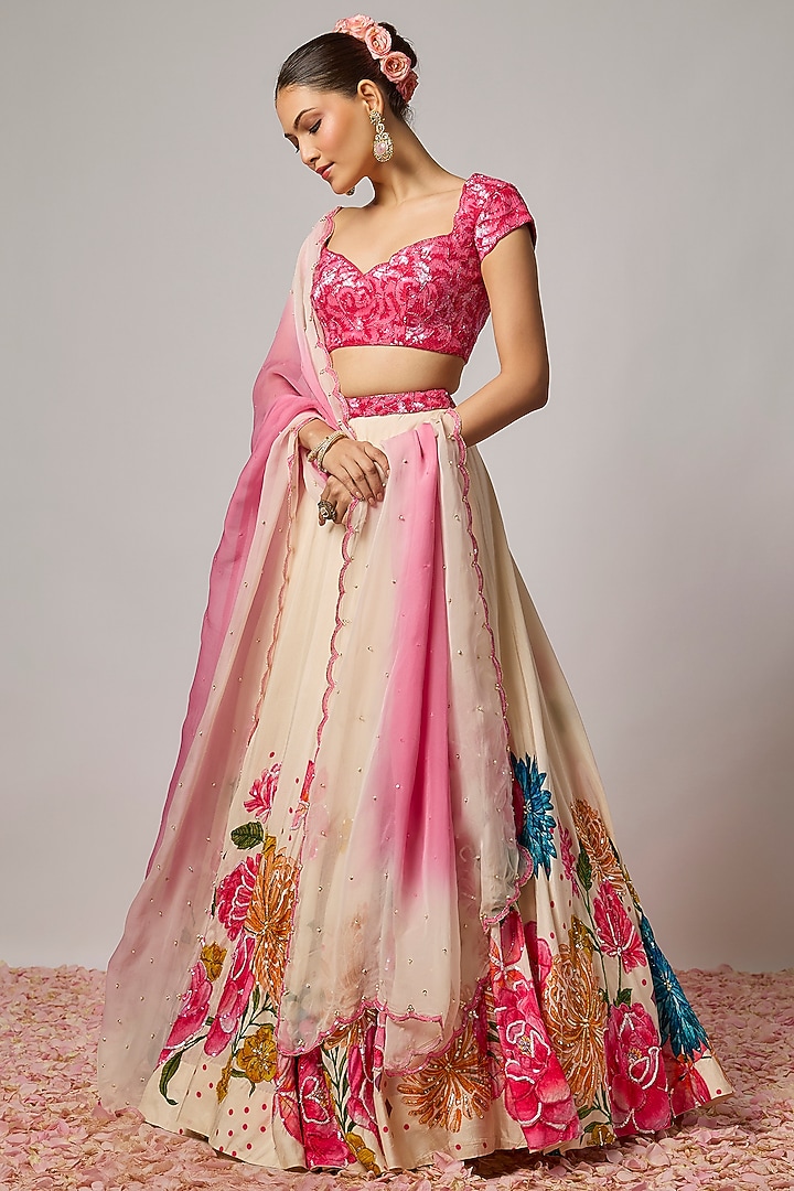 Deep Rose Pink Silk 3D Floral Motif Embroidered Blouse by Krishna Padia at Pernia's Pop Up Shop