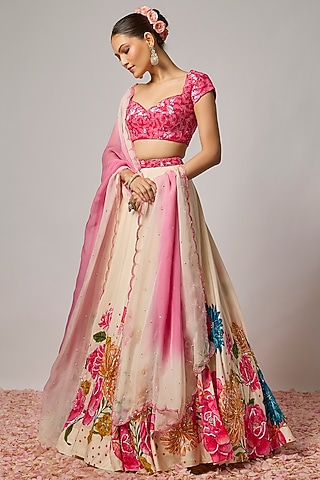 Deep Rose Pink Silk 3D Floral Motif Embroidered Blouse by Krishna Padia