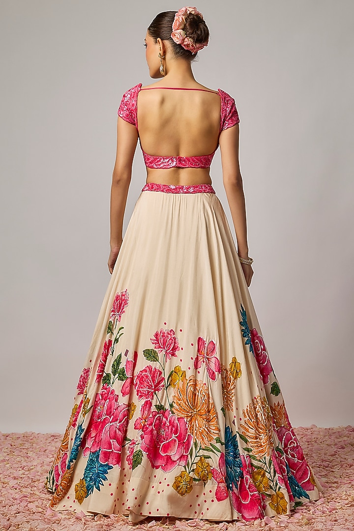 Deep Rose Pink Silk 3D Floral Motif Embroidered Blouse by Krishna Padia at Pernia's Pop Up Shop