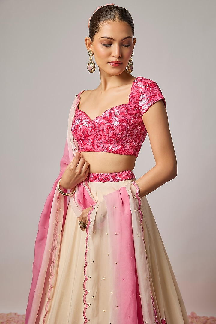 Deep Rose Pink Silk 3D Floral Motif Embroidered Blouse by Krishna Padia at Pernia's Pop Up Shop