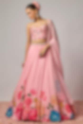 Blush Pink Dola Silk Printed & Embroidered Wedding Lehenga Set by Krishna Padia at Pernia's Pop Up Shop