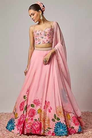 Blush Pink Dola Silk Printed & Embroidered Lehenga Set by Krishna Padia