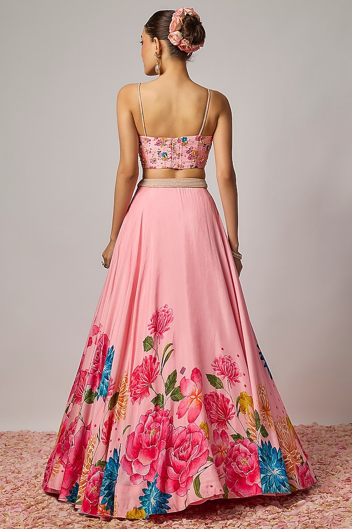Blush Pink Dola Silk Printed & Embroidered Wedding Lehenga Set by Krishna Padia at Pernia's Pop Up Shop