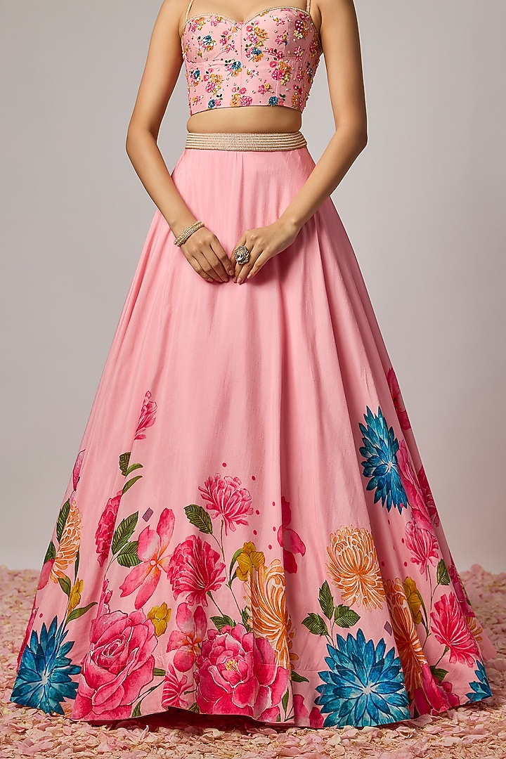 Blush Pink Dola Silk Printed & Embroidered Wedding Lehenga Set by Krishna Padia at Pernia's Pop Up Shop
