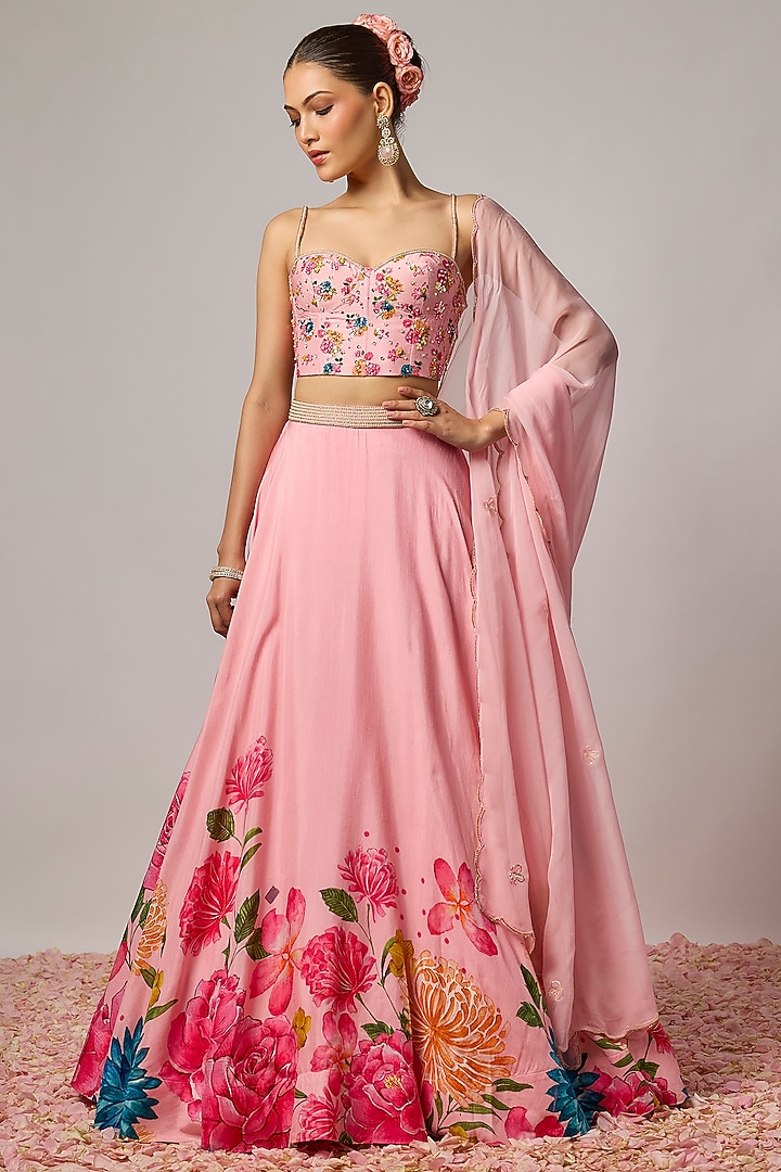 Blush Pink Dola Silk Printed & Embroidered Wedding Lehenga Set by Krishna Padia at Pernia's Pop Up Shop
