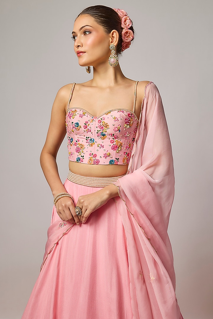 Blush Pink Dola Silk Printed & Embroidered Wedding Lehenga Set by Krishna Padia at Pernia's Pop Up Shop