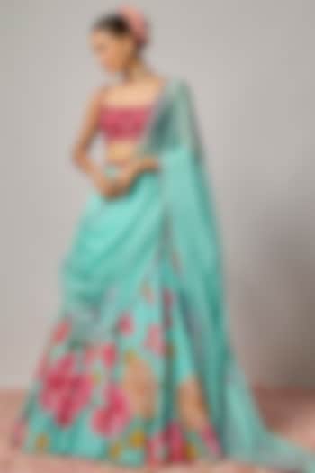 Aqua Blue Dola Silk Printed & Embroidered Wedding Lehenga Set by Krishna Padia at Pernia's Pop Up Shop