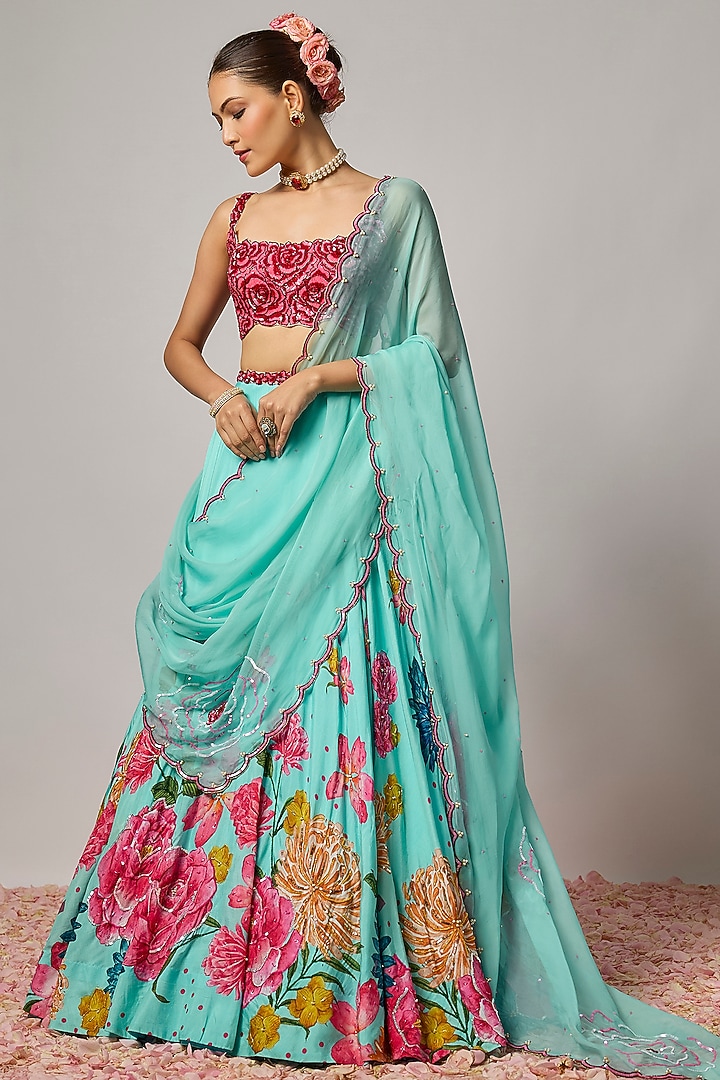 Aqua Blue Dola Silk Printed & Embroidered Wedding Lehenga Set by Krishna Padia at Pernia's Pop Up Shop