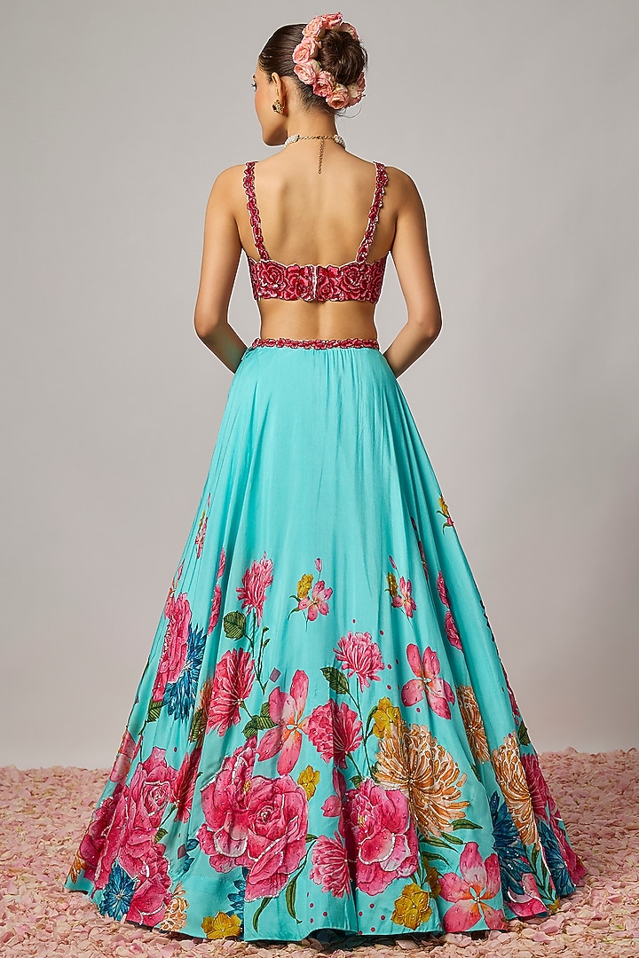 Aqua Blue Dola Silk Printed & Embroidered Wedding Lehenga Set by Krishna Padia at Pernia's Pop Up Shop