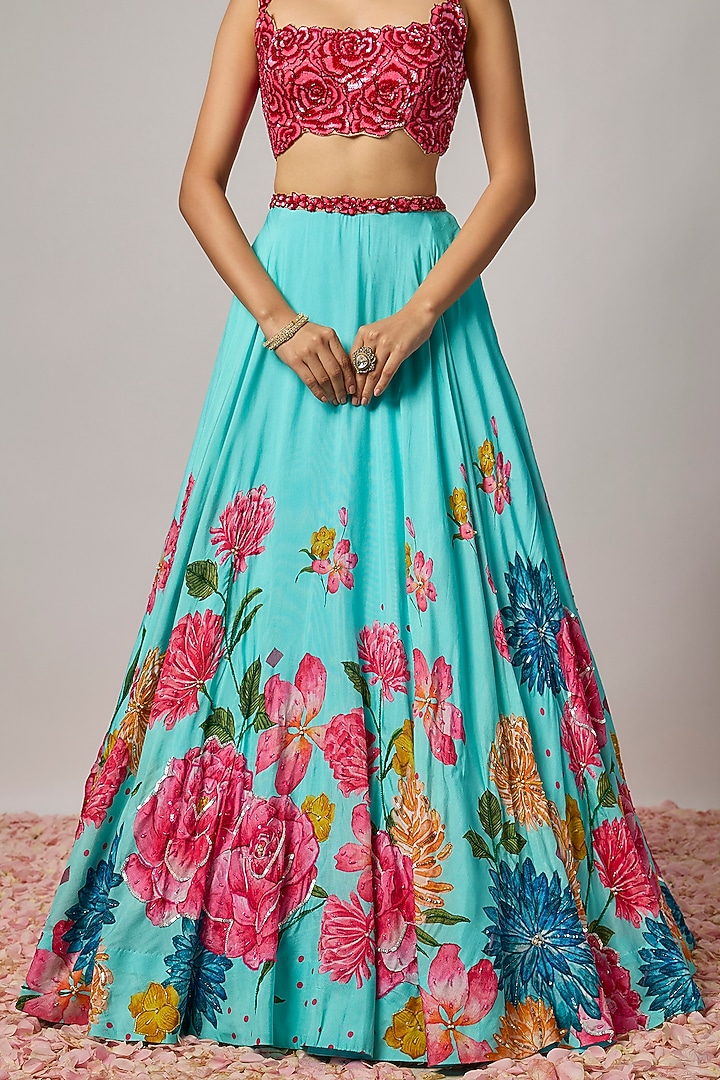Aqua Blue Dola Silk Printed & Embroidered Wedding Lehenga Set by Krishna Padia at Pernia's Pop Up Shop