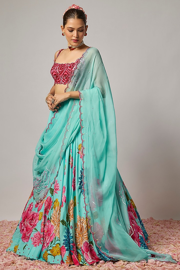 Aqua Blue Dola Silk Printed & Embroidered Wedding Lehenga Set by Krishna Padia at Pernia's Pop Up Shop