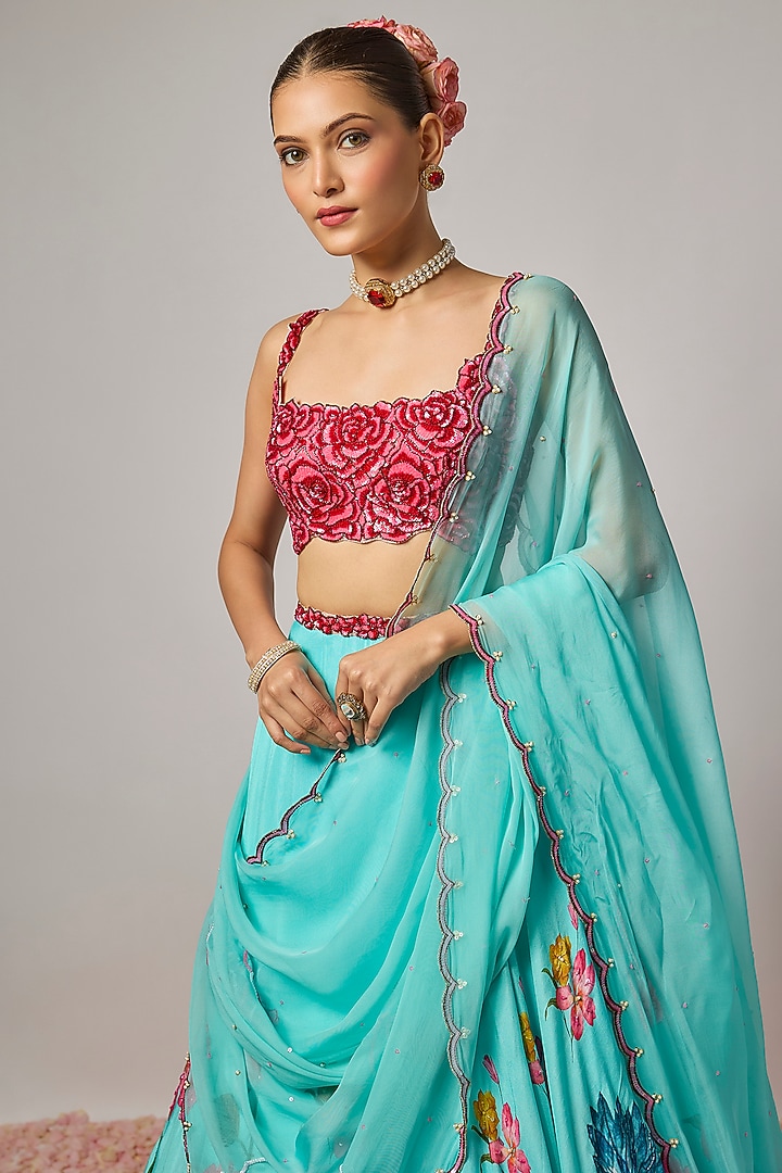Aqua Blue Dola Silk Printed & Embroidered Wedding Lehenga Set by Krishna Padia at Pernia's Pop Up Shop