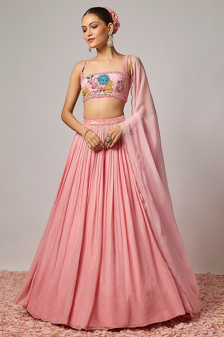 Blush Pink Lurex Silk Wedding Lehenga Set by Krishna Padia at Pernia's Pop Up Shop