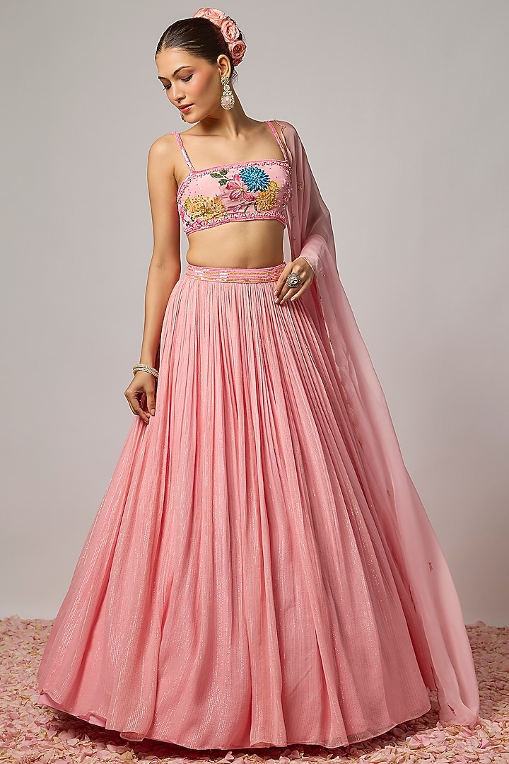 Blush Pink Lurex Silk Wedding Lehenga Set by Krishna Padia at Pernia's Pop Up Shop