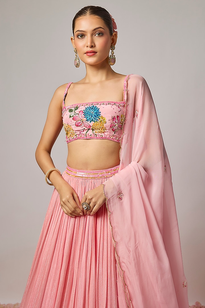 Blush Pink Lurex Silk Wedding Lehenga Set by Krishna Padia at Pernia's Pop Up Shop