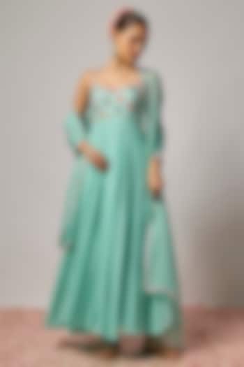 Aqua Blue Lurex Georgette Sequin Hand Embroidered Wedding Anarkali Set by Krishna Padia at Pernia's Pop Up Shop