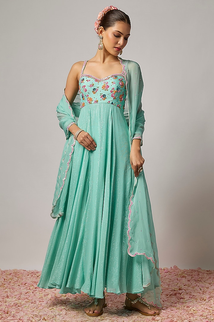 Aqua Blue Lurex Georgette Sequin Hand Embroidered Wedding Anarkali Set by Krishna Padia at Pernia's Pop Up Shop
