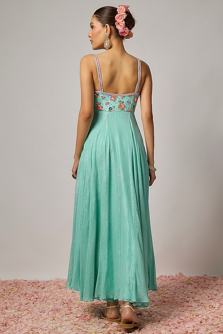 Aqua Blue Lurex Georgette Sequin Hand Embroidered Wedding Anarkali Set by Krishna Padia at Pernia's Pop Up Shop