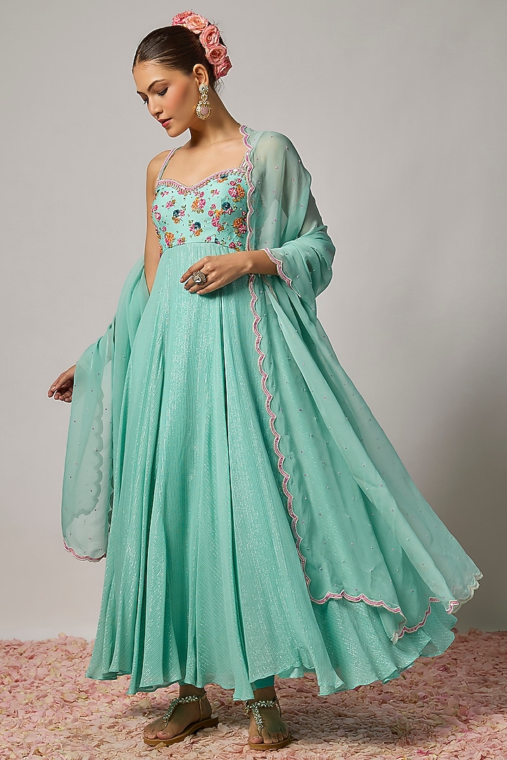 Aqua Blue Lurex Georgette Sequin Hand Embroidered Wedding Anarkali Set by Krishna Padia at Pernia's Pop Up Shop