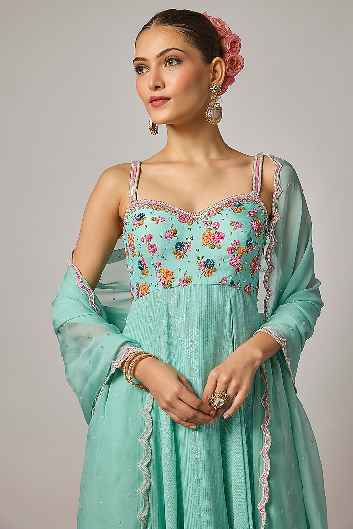 Aqua Blue Lurex Georgette Sequin Hand Embroidered Wedding Anarkali Set by Krishna Padia at Pernia's Pop Up Shop