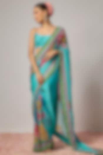 Aqua Blue Organza Floral Motif Embroidered Pre-Draped Wedding Saree Set by Krishna Padia at Pernia's Pop Up Shop