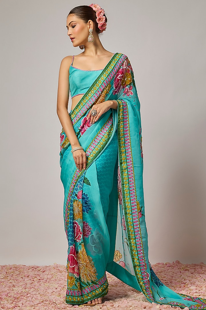Aqua Blue Organza Floral Motif Embroidered Pre-Draped Wedding Saree Set by Krishna Padia at Pernia's Pop Up Shop