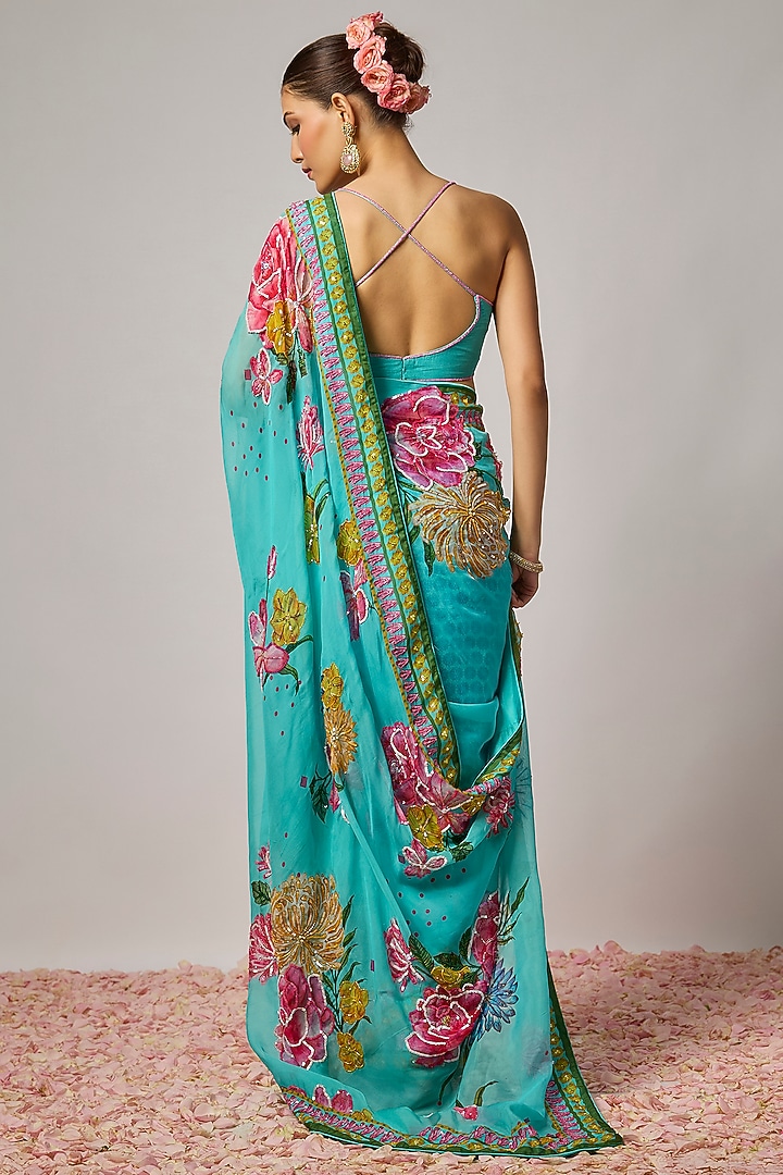 Aqua Blue Organza Floral Motif Embroidered Pre-Draped Wedding Saree Set by Krishna Padia at Pernia's Pop Up Shop