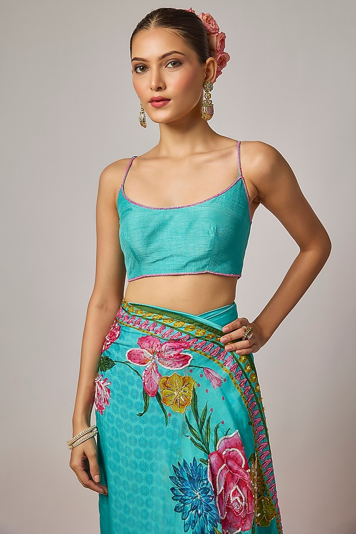 Aqua Blue Organza Floral Motif Embroidered Pre-Draped Wedding Saree Set by Krishna Padia at Pernia's Pop Up Shop
