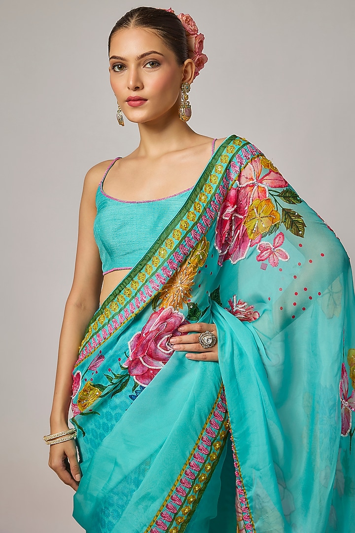 Aqua Blue Organza Floral Motif Embroidered Pre-Draped Wedding Saree Set by Krishna Padia at Pernia's Pop Up Shop