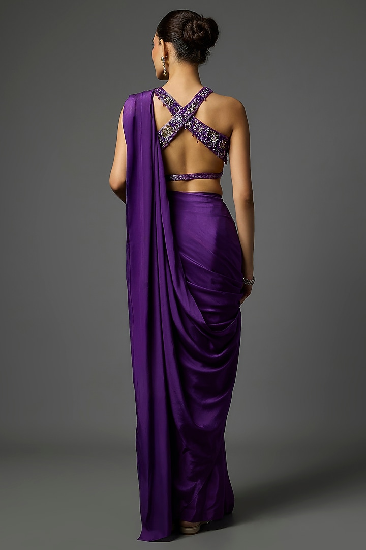 Violet Pure Crepe Pre-Draped Slit Wedding Saree Set by Krishna Padia at Pernia's Pop Up Shop