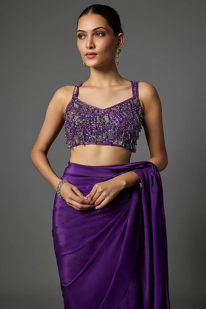 Violet Pure Crepe Pre-Draped Slit Wedding Saree Set by Krishna Padia at Pernia's Pop Up Shop
