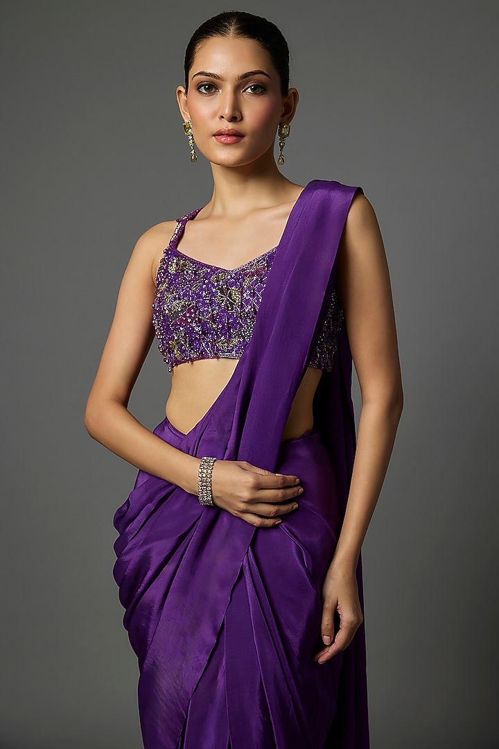 Violet Pure Crepe Pre-Draped Slit Wedding Saree Set by Krishna Padia at Pernia's Pop Up Shop