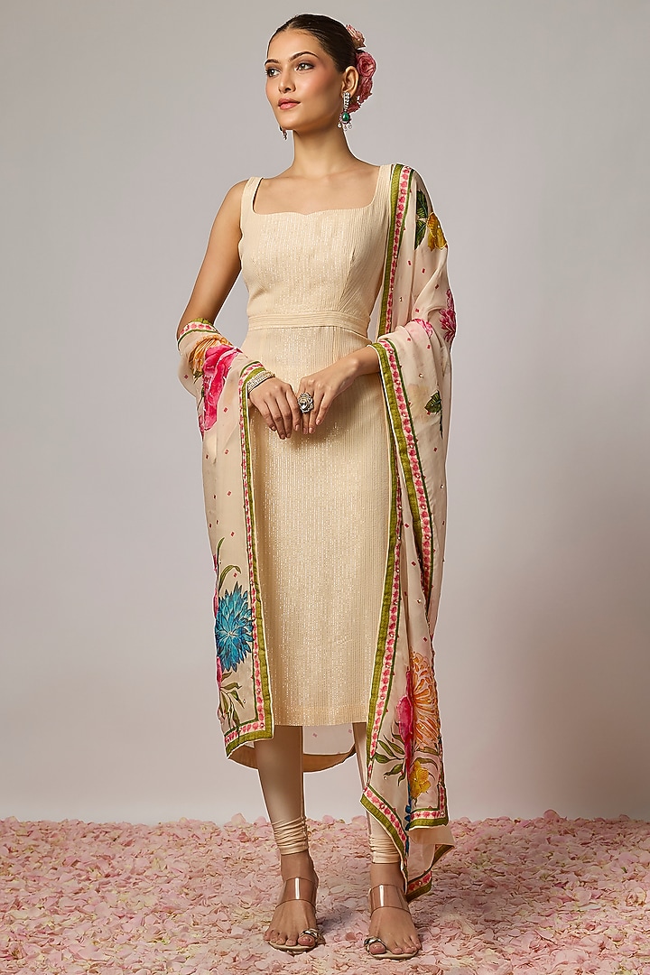 Ivory Lurex Georgette Hand Embroidered Kurta Set by Krishna Padia at Pernia's Pop Up Shop