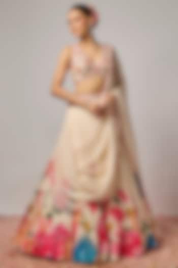 Ivory Dola Silk Floral Printed & Hand Embroidered Wedding Lehenga Set by Krishna Padia at Pernia's Pop Up Shop