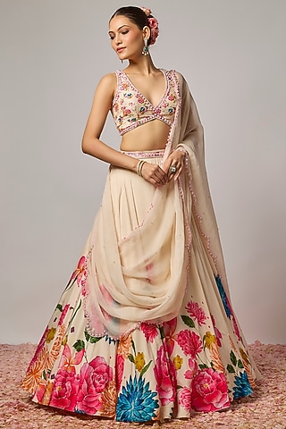 Ivory Dola Silk Floral Printed & Hand Embroidered Lehenga Set by Krishna Padia