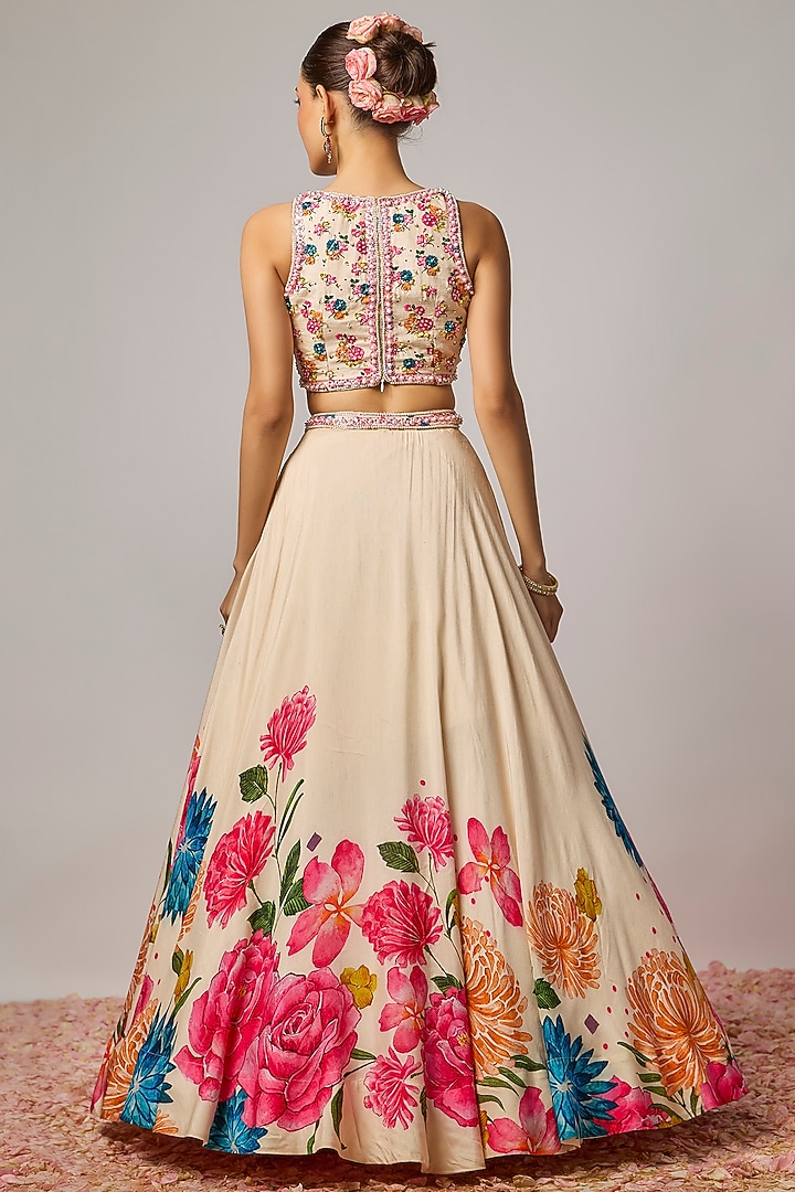Ivory Dola Silk Floral Printed & Hand Embroidered Wedding Lehenga Set by Krishna Padia at Pernia's Pop Up Shop