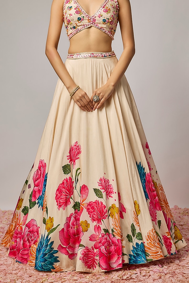 Ivory Dola Silk Floral Printed & Hand Embroidered Wedding Lehenga Set by Krishna Padia at Pernia's Pop Up Shop