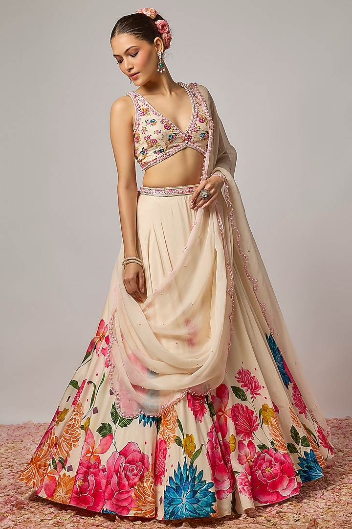 Ivory Dola Silk Floral Printed & Hand Embroidered Wedding Lehenga Set by Krishna Padia at Pernia's Pop Up Shop