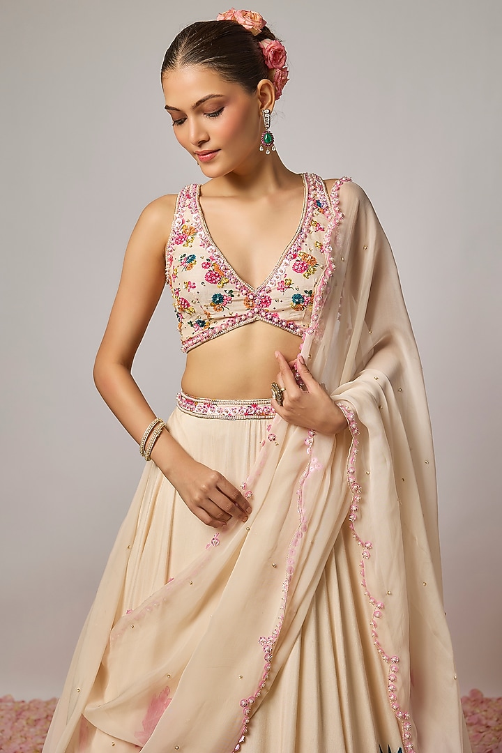 Ivory Dola Silk Floral Printed & Hand Embroidered Wedding Lehenga Set by Krishna Padia at Pernia's Pop Up Shop