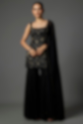 Black Pure Crepe Cutdana Embroidered Kurta Set by Krishna Padia at Pernia's Pop Up Shop