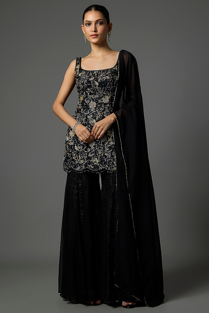 Black Pure Crepe Cutdana Embroidered Kurta Set by Krishna Padia at Pernia's Pop Up Shop