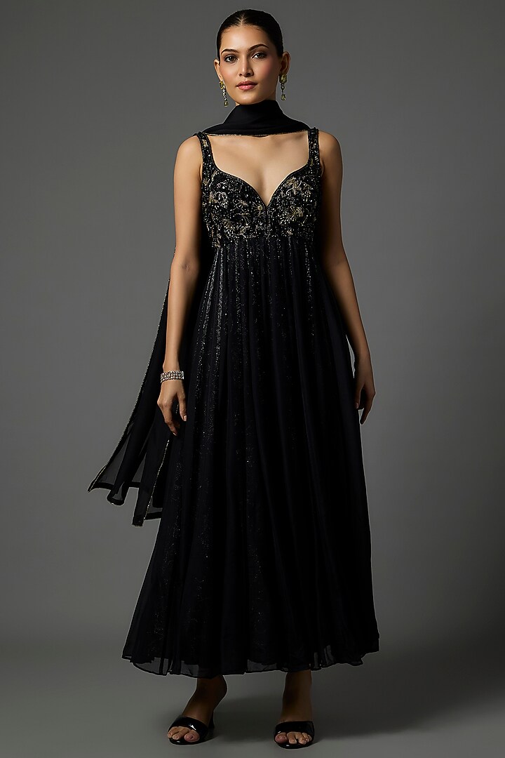 Black Pure Crepe Cutdana Embroidered Bridal Anarkali Set by Krishna Padia at Pernia's Pop Up Shop