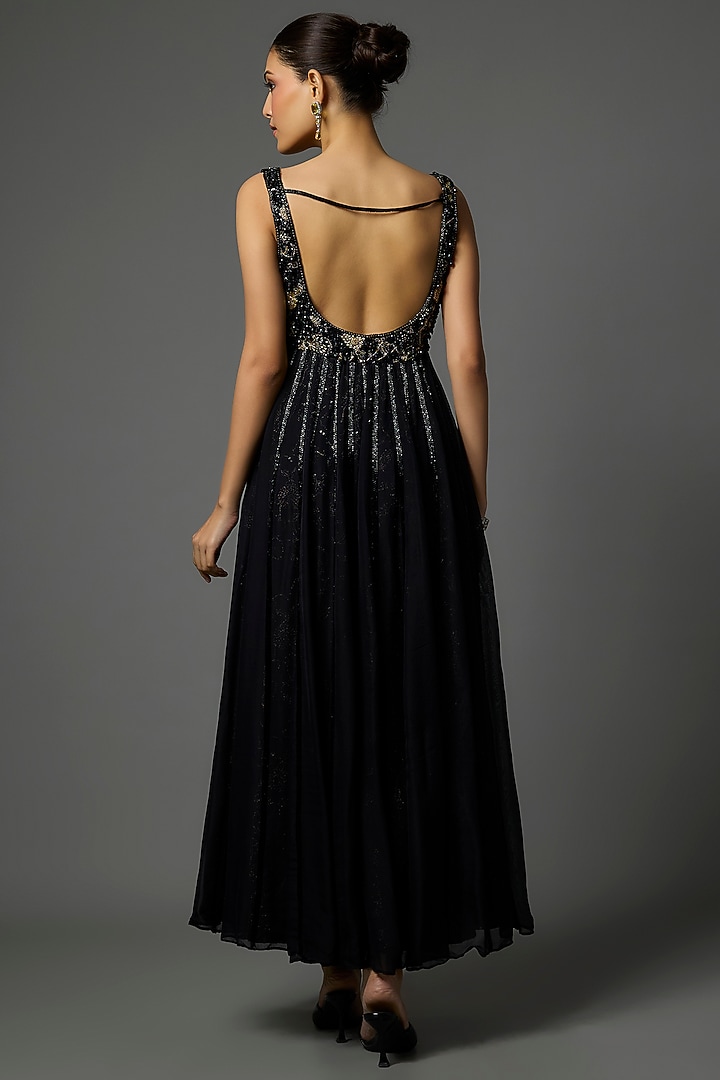 Black Pure Crepe Cutdana Embroidered Wedding Anarkali Set by Krishna Padia at Pernia's Pop Up Shop
