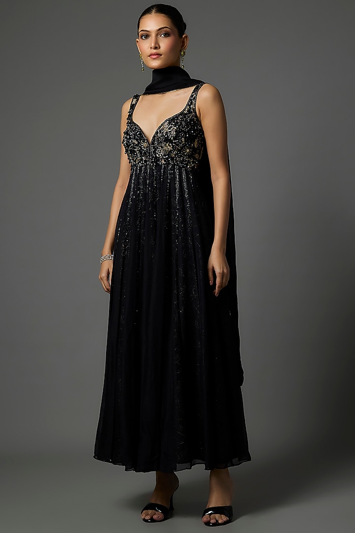 Black Pure Crepe Cutdana Embroidered Wedding Anarkali Set by Krishna Padia at Pernia's Pop Up Shop