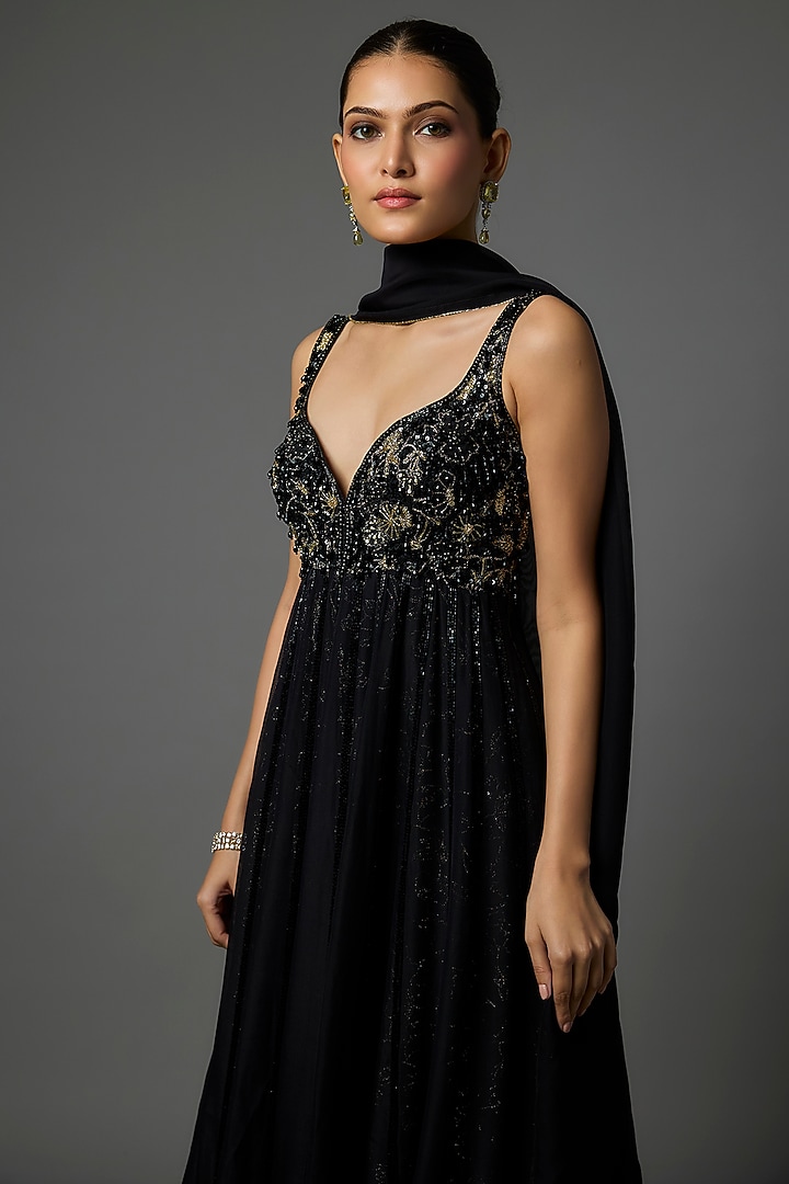 Black Pure Crepe Cutdana Embroidered Wedding Anarkali Set by Krishna Padia at Pernia's Pop Up Shop
